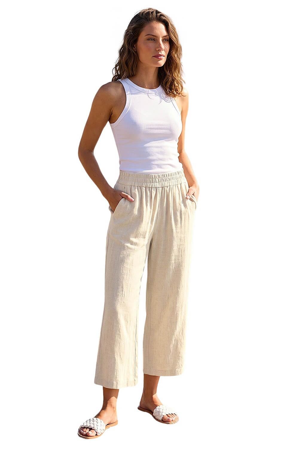 Roman Women's Petite Linen Mix Cropped Trouser in Natural | Size: 18