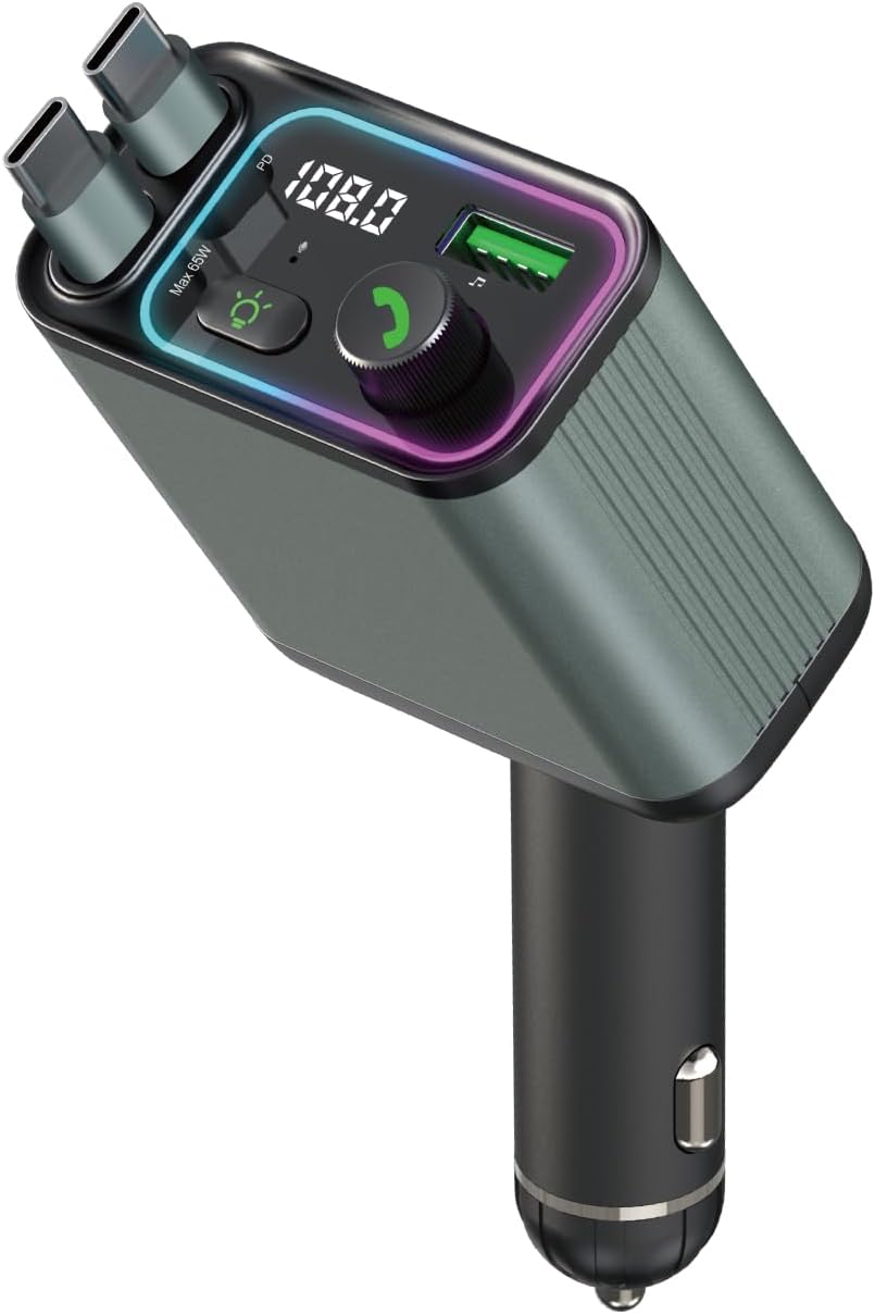 3 in 1 Retractable Car Charger Adapter & FM Transmitter Bluetooth Mp3 Player- Max 65W + 18W with 2 PD Fast Charging,2 Retractable Cables & USB-A Music Playback for iPhone,iPad,Samsung,Pixel 3 in 1 Retractable Car Charger Adapter & FM Transmitter Bluetooth Mp3 Player- Max 65W + 18W with 2 PD Fast Charging,2 Retractable Cables & USB-A Music Playback for iPhone,iPad,Samsung,Pixel