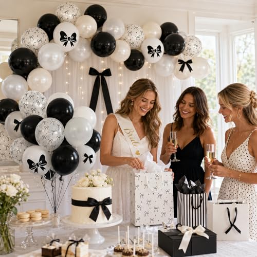 Image of Bow Balloons, 60Pcs Black Bows Balloon, 12 Inch Latex Black and White Bow Printed Balloons with Cute Bows Ribbons for Women Girls Birthday Party Baby Shower Bridal Shower Bow Theme Party Decorations