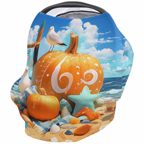 Nursing Cover for Breastfeeding Scarf, Summer Beach Pumpkins Starfish Seagull Baby Car Covers Super Soft Multi Use for Canopy Shopping Cart Cover Blanket Stroller Cover
