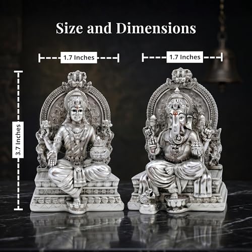 Image of Premium Silver-Plated Lakshmi Ganesha Idol Murti Set | Laxmi Ganpati Statue for Home Temple| Pooja Room | Office Desk | Mandir Decor | Diwali | Housewarming | Wedding Gift | 3.7 Inch