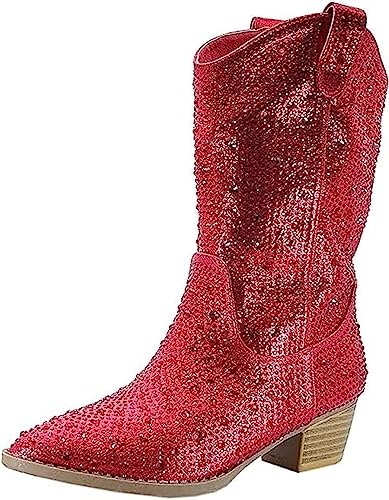 Forever Girls/Kids Rhinestone Western Cowgirl Cowboy Pointed Toe Low Heel Boots River-11K Red 11