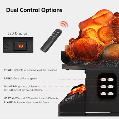 Image of R.W.FLAME Electric Fireplace Log Heater,20 inch Fireplace Inserts with Crackling Sound,5 Flame Brightness,Heater 750W /1500W,Remote Control&Timer,Overheating Protection for Home and Office Decor