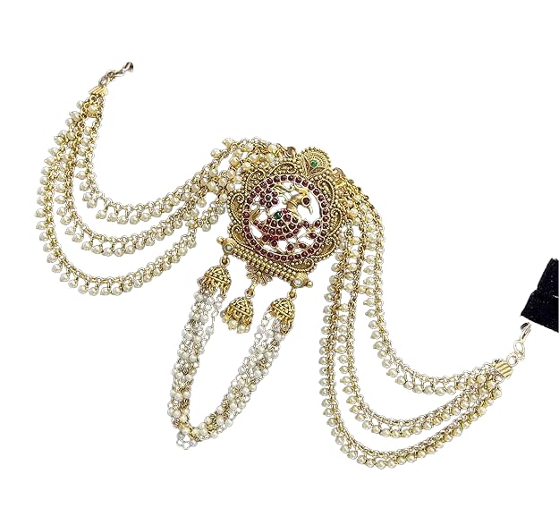 KGR Splash Peacock Neck Design Red Color Stones White pearls Hanging Jada Billa With Maatil Design-image-19