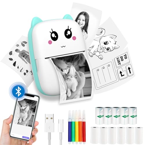 Funducts Mini Sticker Printer, Pocket Thermal Sticker Printer Machine, Thermal Bluetooth Sticker Maker with 11 Rolls Paper, Portable Receipt foe Study Notes, Memo, List, Work Plan, Gift (Blue)