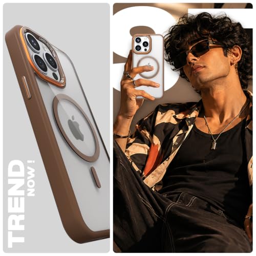 Image of Pikkme Back Cover for iPhone 15 Pro Max | Shockproof | Mag-Safe Compatible | Hard Transparent Back | Premium Raised Camera Protection | Bumper Case (Brown Mag-Safe)