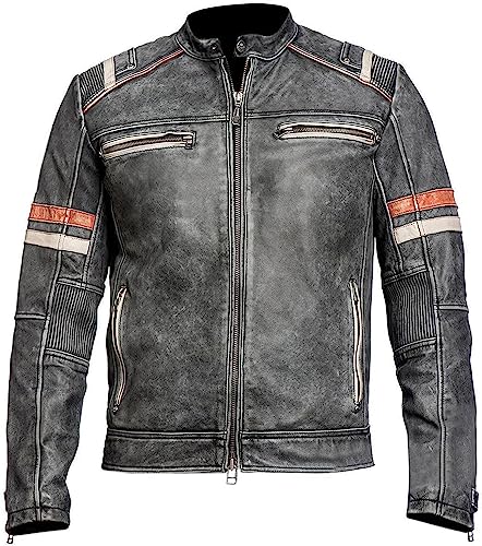 CHAYELL Men's Cafe Racer Lambskin Leather Jacket – Vintage Distressed Motorcycle Biker Style, Black, X-Large