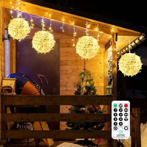 Bzavor Lichterkette Außen Hängend Kugel Große 20cm 4 Stück 8 Modi LED Lichterkette Strom Outdoor IP65 Wasserdicht mit Stecker Fernsteuerung für Weihnachtsbeleuchtung Garten Hochzeit Party