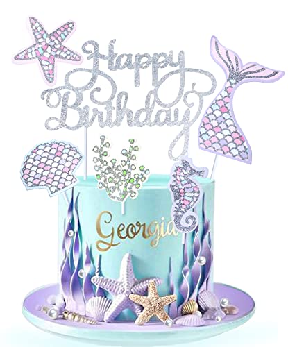 Regendeko Happy Birthday Silber Glitzer Meerjungfrau Tortendeko Ocean Theme Tortenaufleger Kuchendekoration Cupcake Cake Toppers Geburtstagskuchen Deko Tortendeko Mädchen Partydeko Mädchen (Silber) Cover