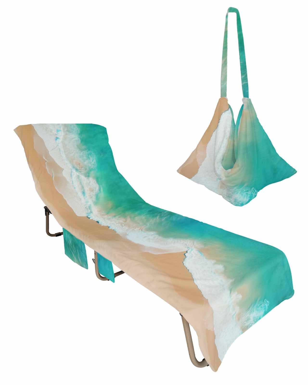 Green Seaside Beach Chair Towel Covers for Chaise Lounge With Side Pocket, Soft Plush Pool Towels Cover for Patio Sunbathing Outdoor Ocean Sea Wave Summer Tropical Holidays 29''x85''