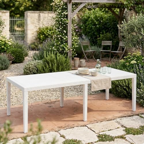 Mesa de Exterior Extensible Rectangular, Made in Italy, Color Blanco, Medidas 150 x 72 x 90 cm (Extensible hasta 220 cm)