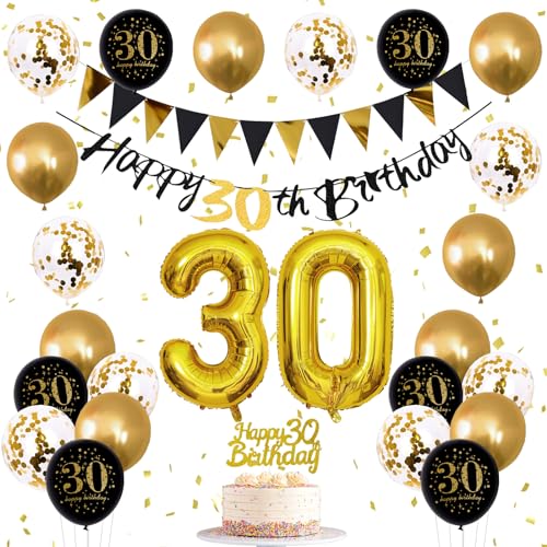 Image of Jobkoo 30th Birthday Decorations for Him, Black Golden 30th Birthday Party Decor Men Women Happy 30th Balloons Black 30th Banner Cake Topper Number 30 Balloon for Thirty Decoration