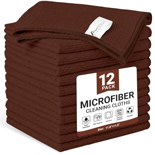 Image of SIFANGKE Microfiber Cleaning Cloth, 12 Pack Brown Cleaning Rags for Housekeeping, Reusable Microfiber Towels for Car, Kitchen, Bathroom and Household Cleaning Supplies, 11.8 inchX11.8 inch