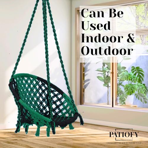 Image of Patiofy Cotton Round Swing Chair for Adults and Kids /Swing for Home, Balcony /Jhula for Adults /Jhoola for Living Room /Suitable for Indoor & Outdoor /with Hanging Kit (Green-Black)