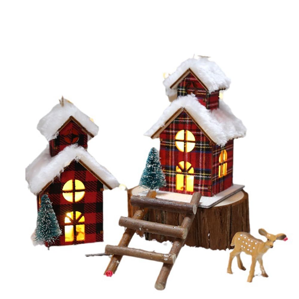 Casa de Troncos Casa Edificio Luminoso Adornos Navideños de Madera Adecuado para la Decoración del Árbol de Navidad