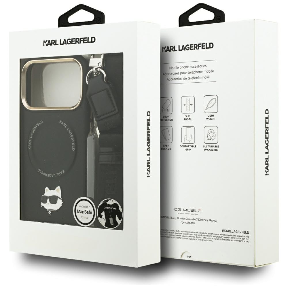 CG MOBILE Karl Lagerfeld duży pasek Choupette metalowe logo kompatybilne z MagSafe etui do iPhone 17 Pro Max (czarne)