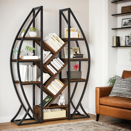 GOOBED Oval Bookshelf, Triple Wide 5 Tier Etagere Bookcase, Industrial Display Shelves Tree Bookshelf for Living Room, Bedroom, Home Office, Rustic Brown