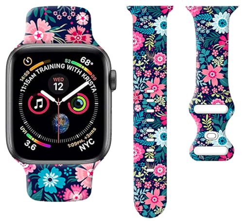 Sport Watch Band Compatible with Apple Watch Band 38mm 40mm 41mm Women, Soft Silicone Floral Print Sport Strap Replacement Wristbands for iWatch Series Ultra 9 8 7 6 5 4 3 2 1 SE - Beautiful flowers
