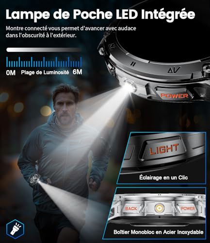 LIGE Montre Connectée Homme Militaire avec lumière LED,1,43" AMOLED Montre Sport,Smartwatch Noire avec 130+ Modes Sportifs/Étanchéité IP68/Fréquence Cardiaque/Compteur,Montre Homme pour iOS et Android – Image 3