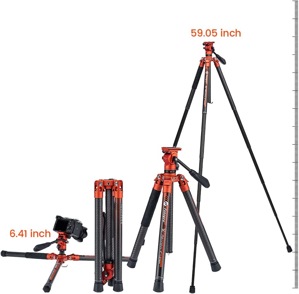 Fotopro Video Travel Tripod 60'' Lightweight 2.18lbs Carbon Fiber Camera Tripod with Quick Release 1/4" Screw Video Head for DSLR Camera Projector Maxload 22lbs Orange
