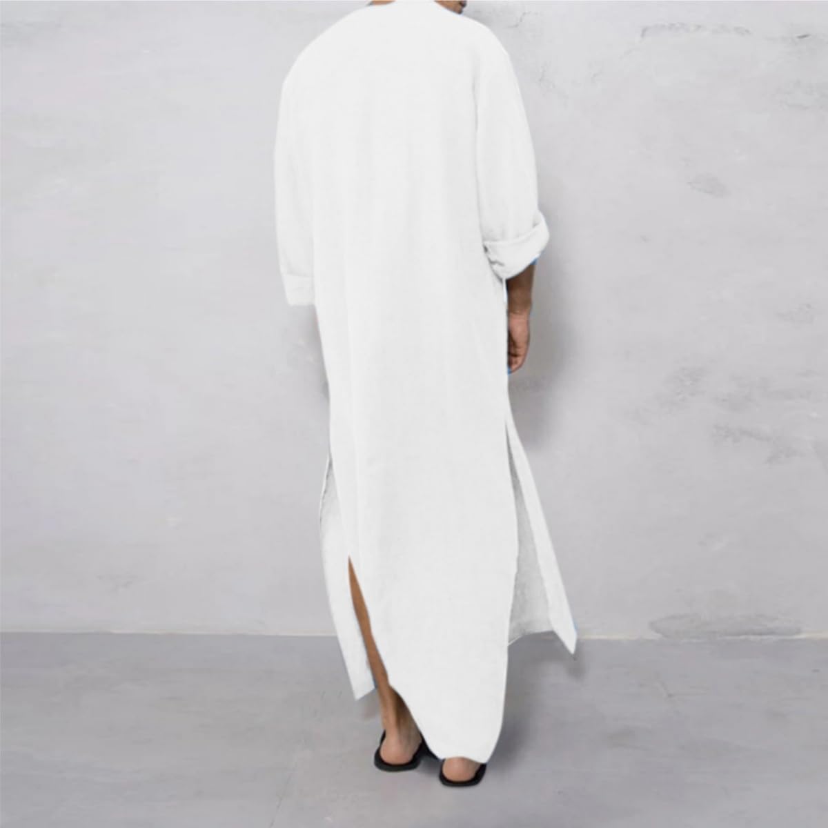 Herren-Kaftan-Thobe, langärmelige Henley-Hemden mit Knopfleiste, lässiges muslimisches Hemd aus Baumwollleinen, seitlich geschlitztes traditionelles muslimisches Kleid Kurta, ethnische Kleidung