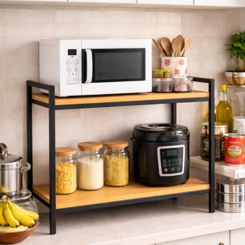 Image of Wooden 2-layer Microwave Rack, Kitchen Storage for Home, Metal Strong Rack for Kitchen | Wooden | Brown