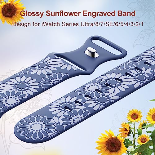 Image of Sunflower Engraved Band Compatible with Apple Watch Bands 38mm 40mm 41mm 42mm 44mm 45mm 49mm Women, Designer Soft Glossy Floral Silicone Strap for iWatch Series Ultra 11 10 9 8 7 6 SE 5 4 3 2 1