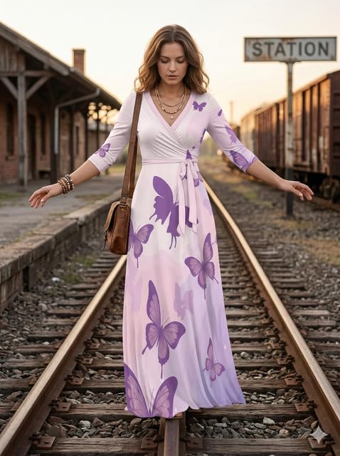 Image of PinkPatty Plus Size Maxi Dresses for Women Casual Flowy Long Dress 3 /4 Sleeve V Neck Wrap Dress with Belt