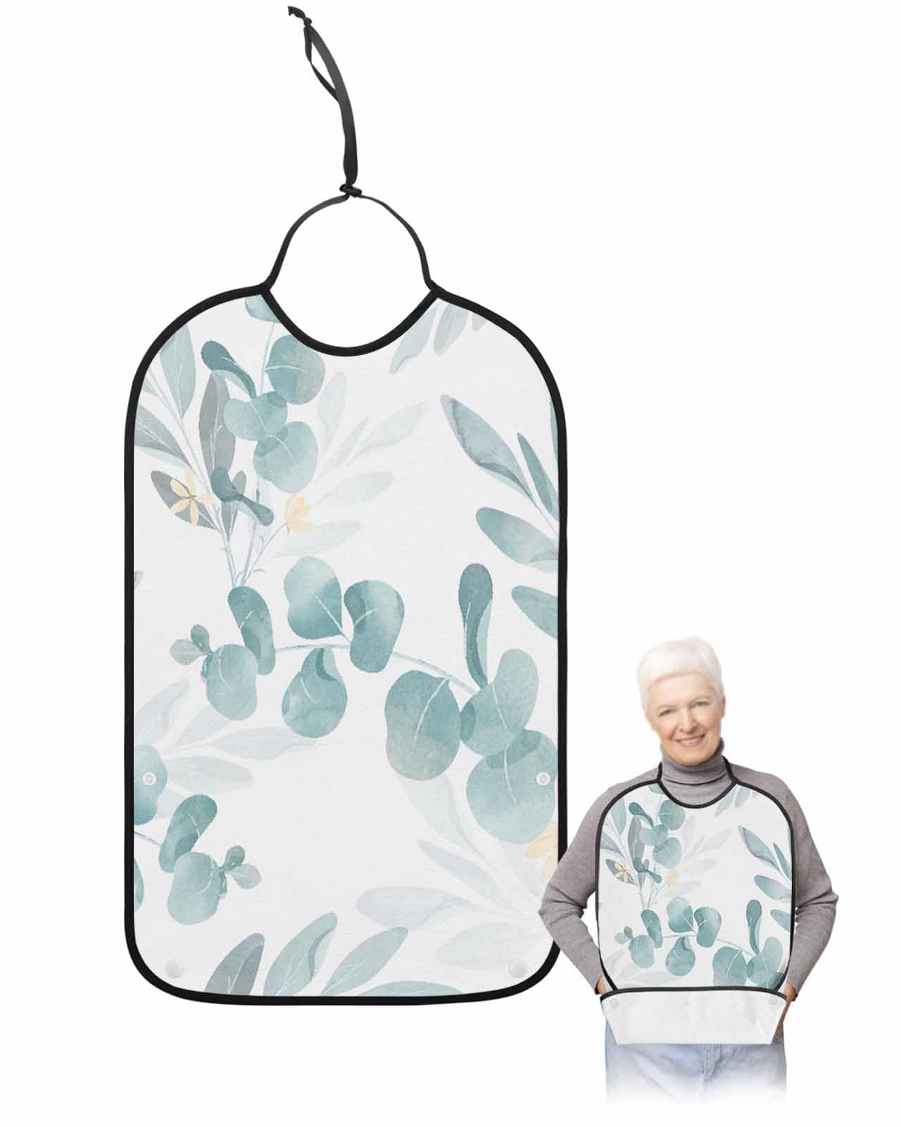 LEOKOTI Eucalyptus Leaves Adult Bibs for Eating, Waterproof Bibs with Food Catcher & Snap Closure, Watercolor Teal Botanical Spring Floral Washable Clothing Protectors Adult Bibs for Elderly