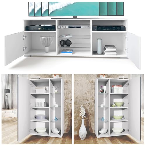 Vladon Wohnwand Davos, Anbauwand bestehend aus 2 Vitrinen und 1 TV-Board, Weiß matt/Beton Oxid Optik inkl. LED-Beleuchtung (329 x 134 x 35 cm) – Bild 4