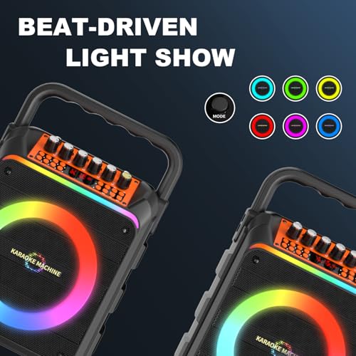 Image of Karaoke Machine with 2 Wireless Microphones, Portable Bluetooth Speaker with Bass /Treble Adjustment, PA System with Remote Control, LED Light, Support REC /FM /AUX /USB /TF for Home Party, Orange