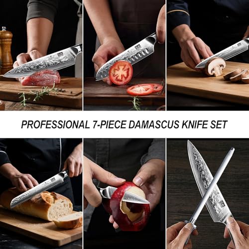 Image of SHAN ZU Damascus Kitchen Knife Set, 7 Pcs Professional Knife Sets for Chefs