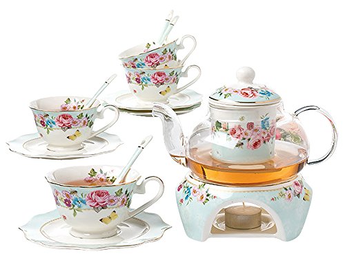 Jusalpha Fine China Flower Series Tea Set-Teacup Saucer Spoon Set with Teapot Warmer Filter 16 pcs in 1 set FDMM Glass pot set 04