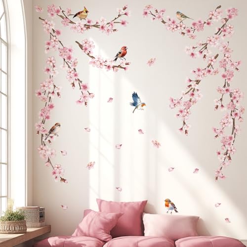 Cherry Blossom Wall Decals Pink Vine Flowers Hanging Floral Tree Branch and Birds Peel & Stick Wall Stickers for Bedroom Living Room Nursery Sofa Office Decor