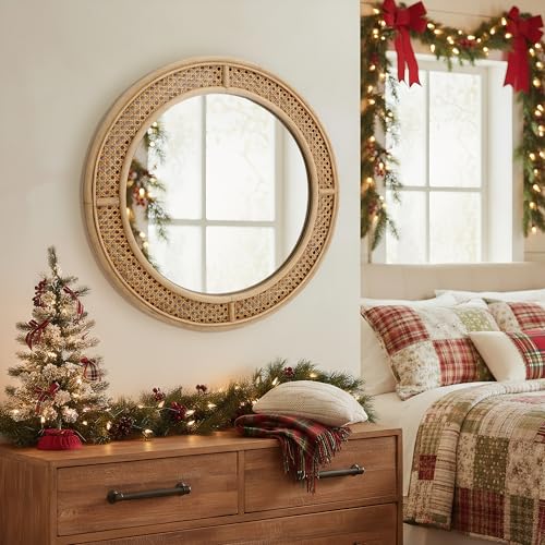 FLORA Round Rattan Wall Mirror with Wooden Framed...