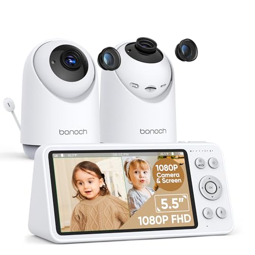 Image of bonoch 5.5“ 1080p Baby Monitor with 2 Cameras, Split-Screen Baby Monitor with Camera and Audio, 7800mAh, Local Storage&Playback, Motion&Sound Detect, Hack Proof, 1800ft Range, 110° Wide-Angle Lens