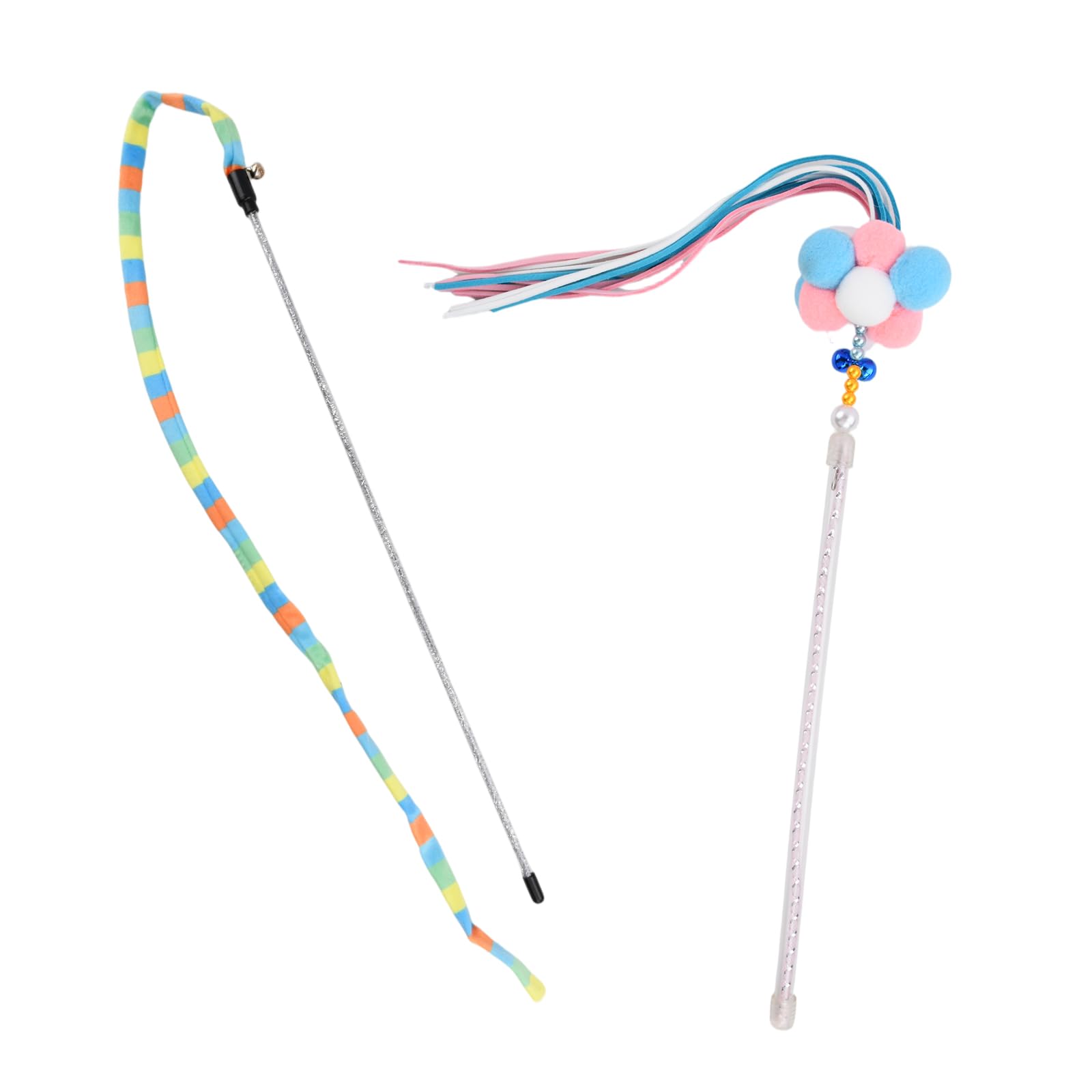 Daleweo Cat Feather Toys – 2Pcs Colourful Interactive Kitten Teaser Wand with Bell and Plush Balls for Indoor Pet Playing, Exercising, and Training