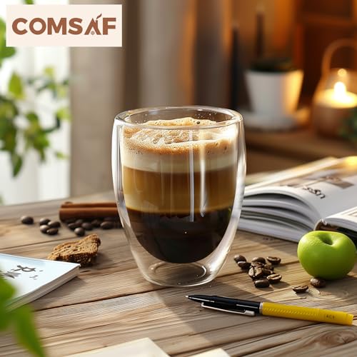 Image of ComSaf Glass Coffee Mugs [Set of 6, 360ml], Double Wall Insulated Thermal Cups 12oz, Clear Glass Coffee Cup for Tea /Juice /Milk, Latte Cappuccino Espresso Mug Glassware Gift for Christmas Birthday