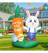 DearSun 6FT H Easter Inflatable White Bunny Standing with Carrot and Easter Eggs Build-in Led Lig...