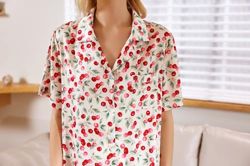 Image of YiNi LuLu Womens Silk Satin Shorts Pajamas Set Button Down 2 Piece Pjs Short Sleeve Oversized Sleepwear with Pockets