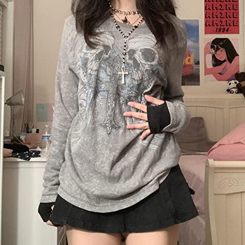 Women Vintage Fairy Grunge Y2K Long Sleeve Shirt Skull Graphic Printed Gothic Tee Tops Aesthetic Harajuku Tops2