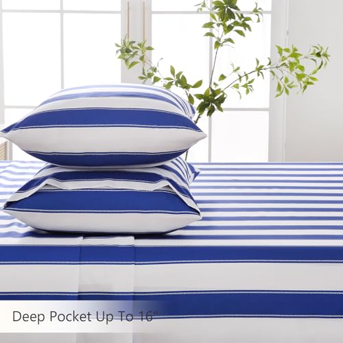 Image of MCO 4Pieces Striped Sheets Set, Breathable Queen Sheet Set with 16 inch Deep Pocket,Modern & Luxury, Brushed Microfiber Bedding Set(Queen, Navy Blue)