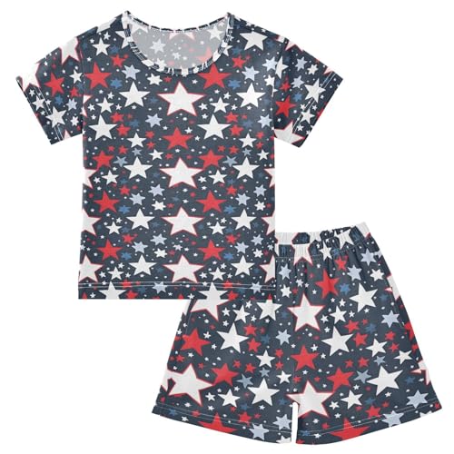 ALAZA Red White Blue Star Pajamas Set Short Sleeve Cotton Sleepwear Summer Pjs 2 Piece 5-14Y