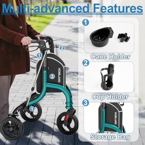 Image of HOMLAND 3 Wheel Walkers for Seniors, Foldable Wheeled Rollator with Cane Hold and Cup Hold, Lightweight Three Wheel Rolling Walker Height Adjustable for Seniors