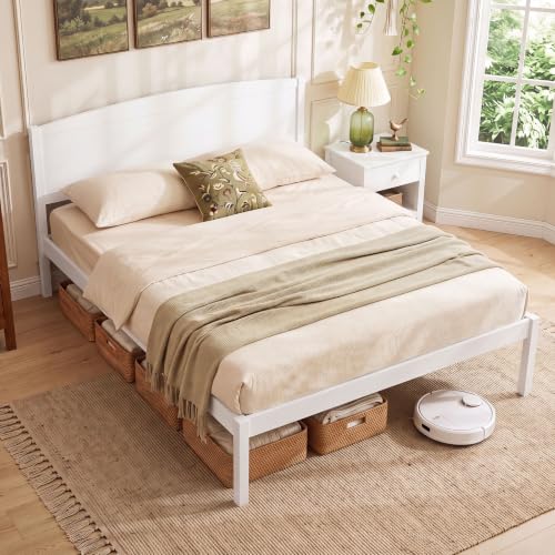 Image of GIANTEX Queen Size Wooden Bed Frame w /Curved Headboard, Wood Slat Support | Farmhouse Platform Bed w /Heavy Duty Mattress Foundation, Under-Bed Storage Space, No Box Spring Needed, Easy Assembly