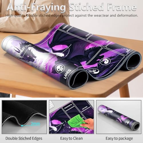 Image of for MTG Playmat with Card Storage Bag,Non-Slip Rubber Base & Smooth Surface 24x14in,Beginner-Friendly Magic Mat for Commander Deck,Dragon Purple-1