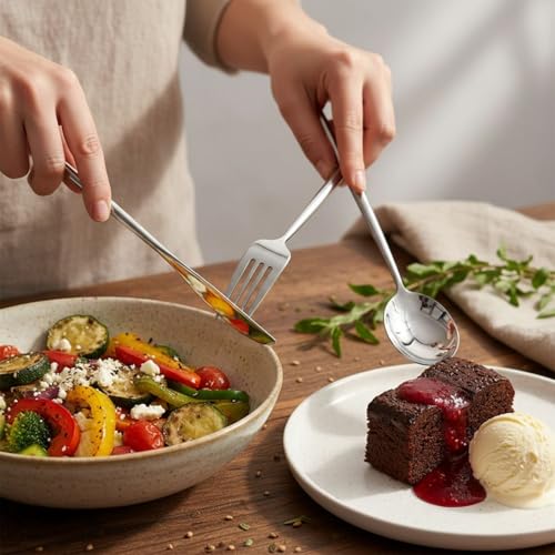 Image of 25 Pcs Silver Cutlery Set for Dining Table the Perfect Lightweight Silim Handle Tableware Including Dinner Spoon, Dinner Fork, Dinner Knife, Dessert Spoon & Dessert Fork