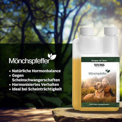 TJURE Mönchspfeffer Liquid für Hunde | 500 ml | Ergänzungsfuttermittel für Hunde mit Mönchspfeffer | Pflanzliche Rezeptur zur Unterstützung in besonderen Phasen | Made in Germany