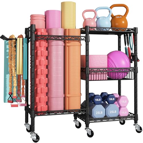 FUTASSI S2 Home Gym Storage, Rolling Yoga Mat Storage and Organizer, Sport Equipment Rack for Dumbbells, Kettlebells, Foam Rollers, Resistance Bands, 11.8' D x 36' W x 32.5' H, Black