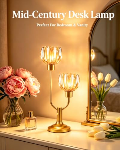 Image of Lightdot Mid Century Modern Table Lamp Amber Glass Vintage Lamp Dimmable | Flower Nightstand Lamp Gold Desk Lamp 2 Bulbs Included Warmwhite Ambient Bedside Lamp for Bedroom Living Room Home Decor Gift